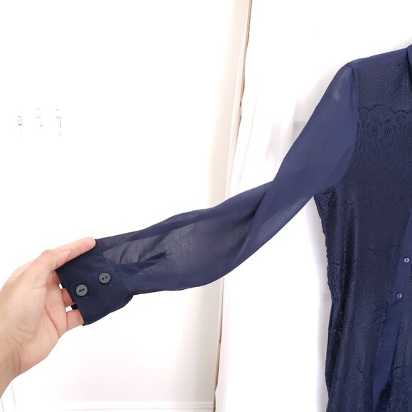 The Line of Style Navy Blue Mesh Lace Pattern Unique Design Long Blouse Size S - Picture 7 of 15